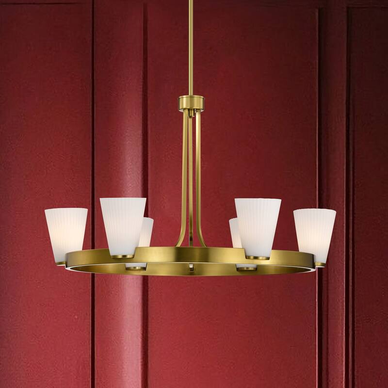 Royale 6 Light Chandelier Burnished Brass Finish Ribbed White Glass - Burnished Brass