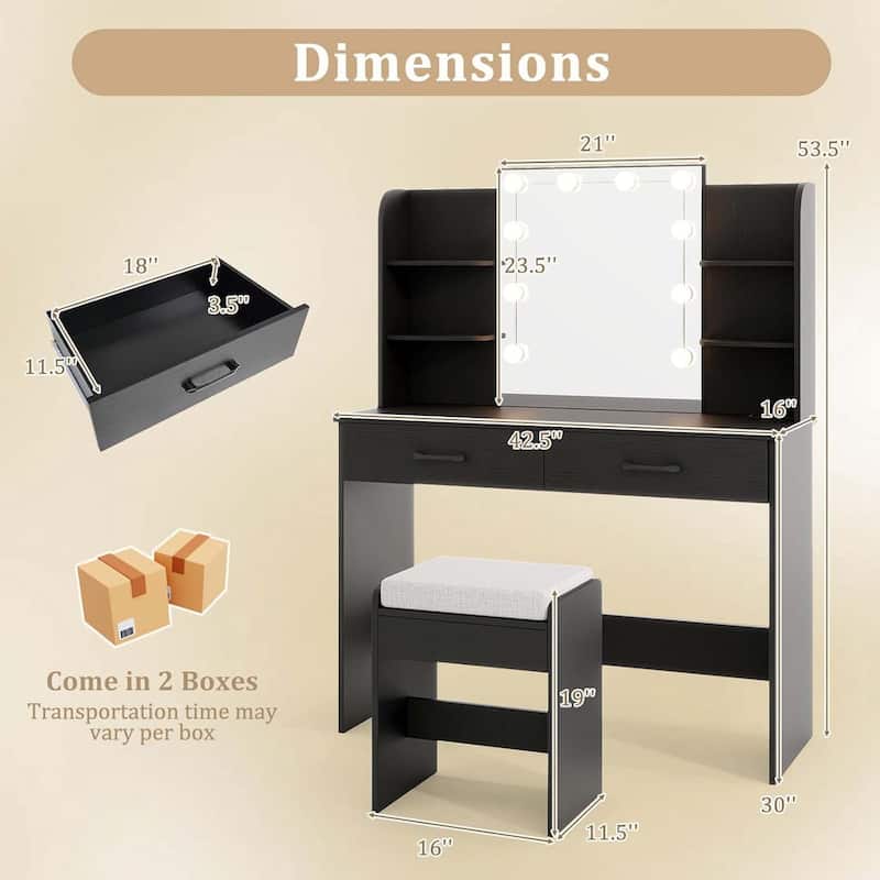 Makeup Vanity Desk Dressing Table & Stool Set w/ Lighted Mirror