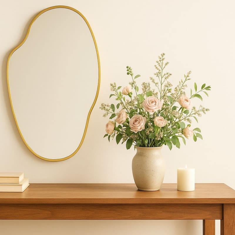 TEHOME Vallia Brushed Gold Asymmetrical Irregular Wall Mirror ,22''x 34'' Unique Brass Frame Wall Mounted Mirror for Bathroom - 22" x 34" - Gold