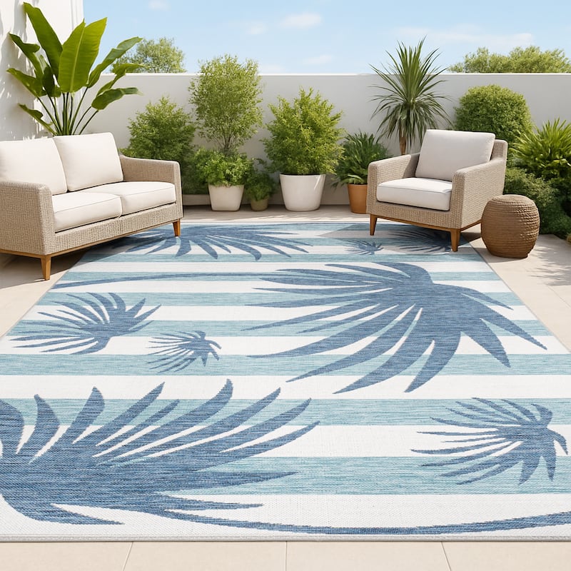 JONATHAN Y Veronica Classic Beach Stripe and Palm Leaf Indoor/Outdoor Area Rug
