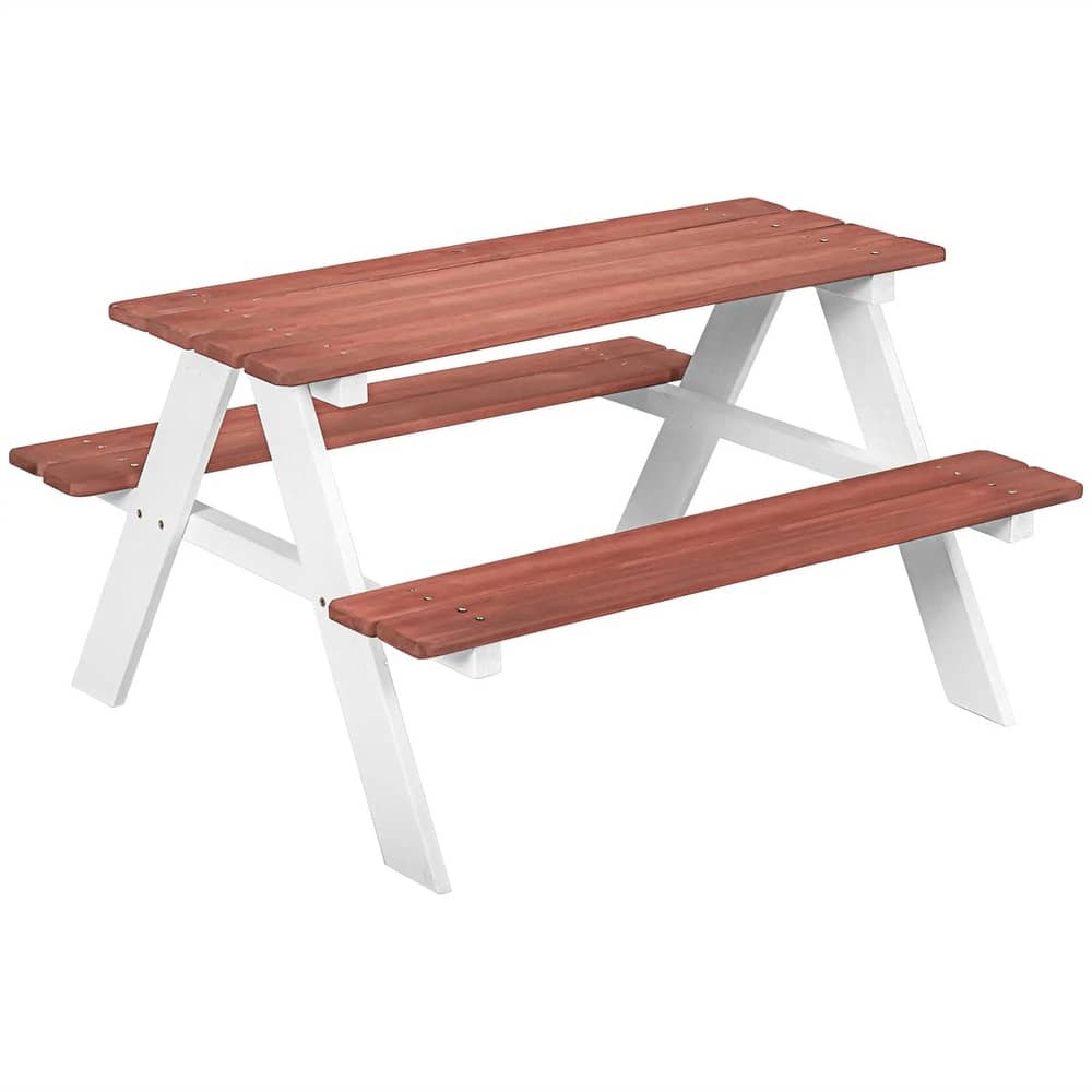 Kids Outdoor Picnic Table and Bench Set Fir Wood Pecan White Toddler Activity Furniture Ages 3-8 - 35" L x 31" W x 19.75" H