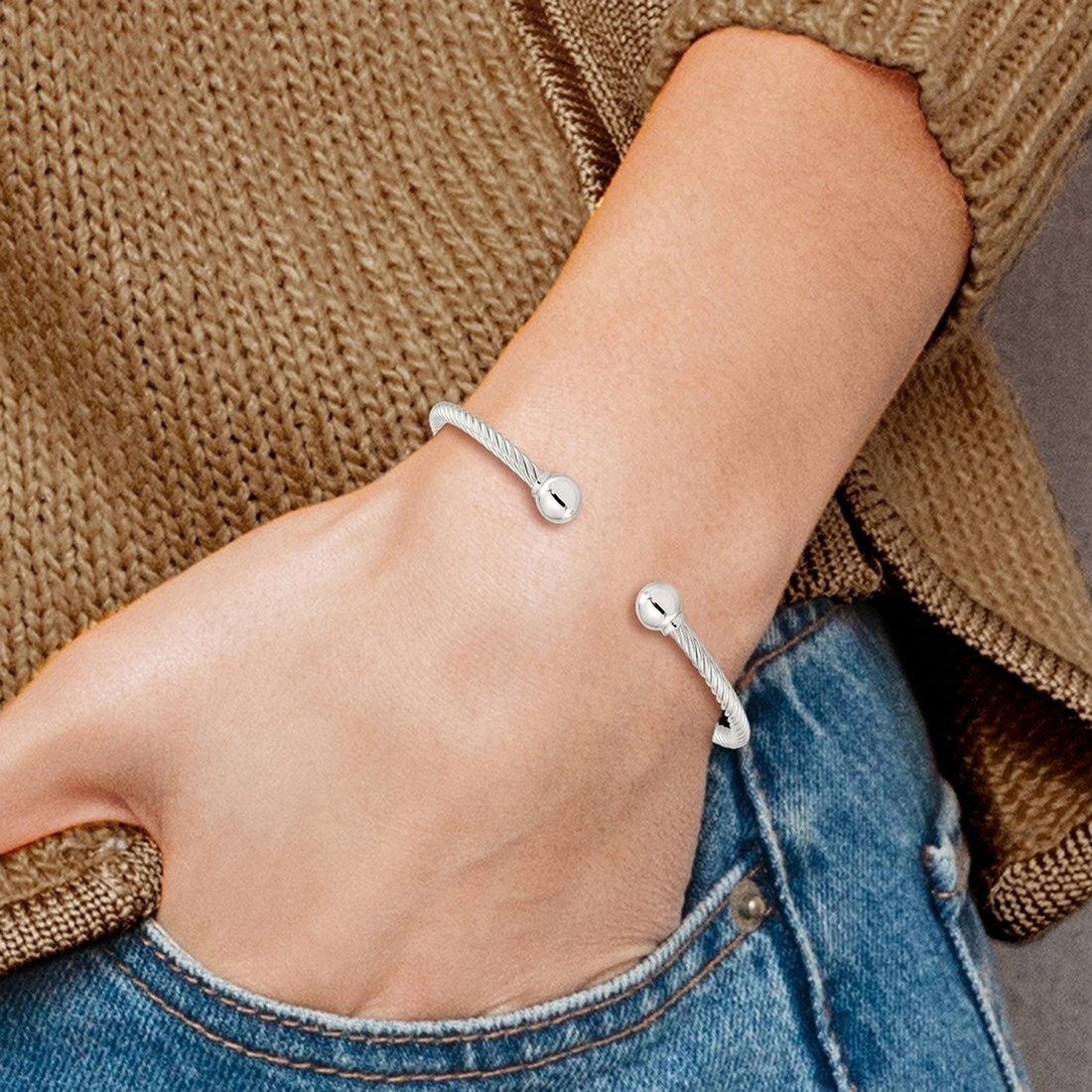 Curata 925 Sterling Silver Twisted Cable Cuff with Ball Endcaps