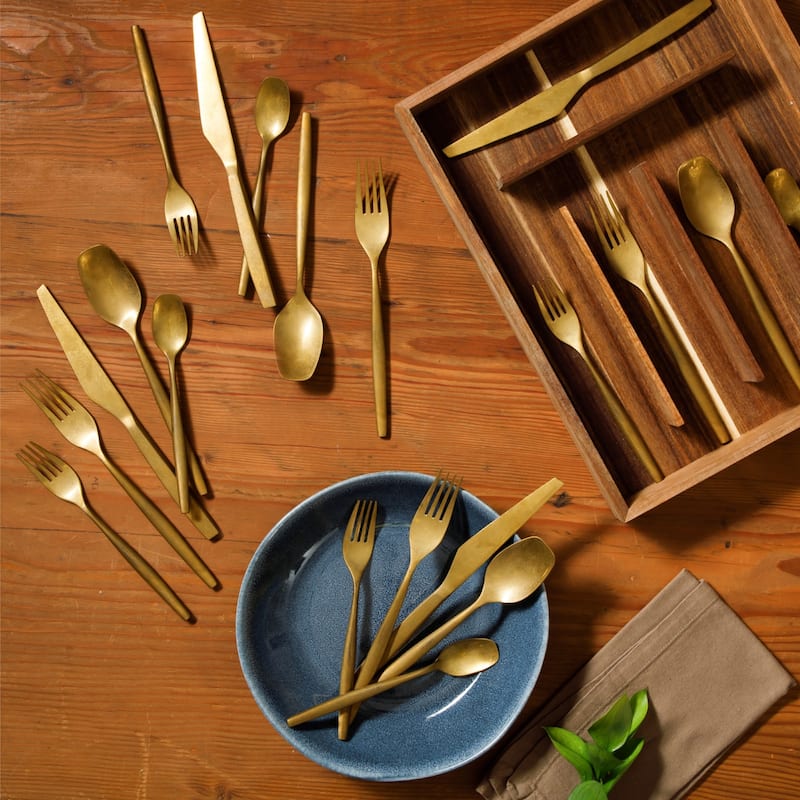 Bloomhouse 20 Piece Flatware 18/10 Stainless Steel Silverware Cutlery Utensil Set With Acacia Wood Caddy - Service for 4