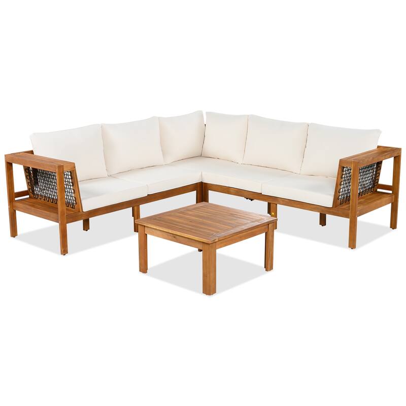 4-Pieces Outdoor Acacia Wood L-Shaped Sectional Sofa Set with Coffee Table and Arm Side Table