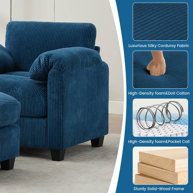 Multi-Seater Corduroy Sectional Sofa, Modular Settee, Included Removable Ottomans