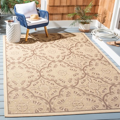 SAFAVIEH Courtyard Scarlett Quatrefoil Indoor/ Outdoor Waterproof Patio Backyard Rug - Cream/Light Chocolate - 6'7" x 9'6"