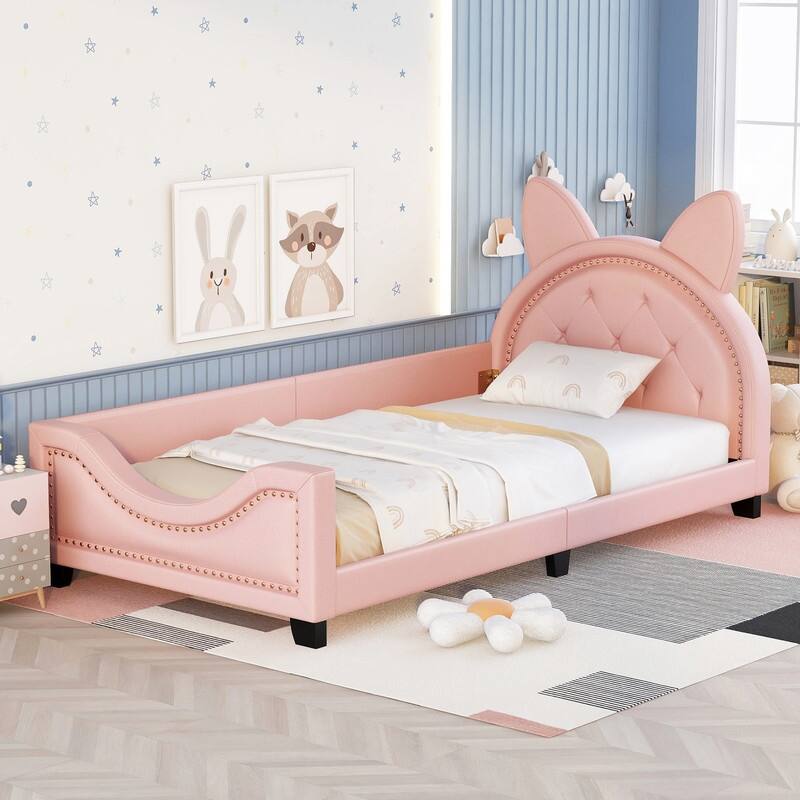Twin Size Upholstered Daybed with Bunny Ears Headboard - Pink