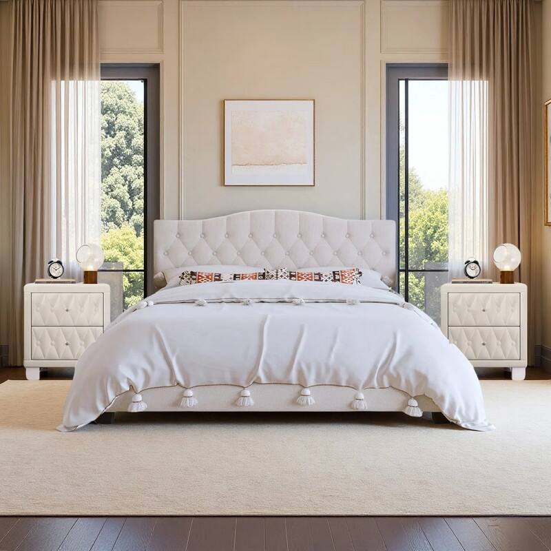 3-Pieces Bedroom Sets,Upholstered Platform Bed with Saddle Curved Headboard and Diamond Tufted Details,and 2 Nightstand - King