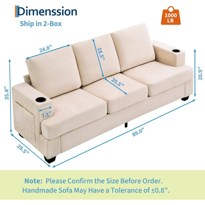 89" 3-Seater Sofa, Deep Seat Sofa, Modern Comfy Couches for Living Room with Cup Holders