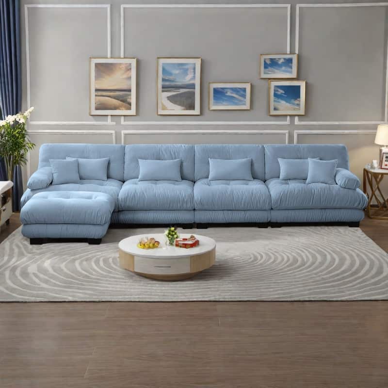 173.2" Chenille Modular 4-Seater L-Shaped Cloud Sectional Sofa with Ottoman - Blue
