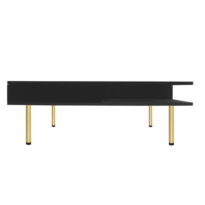 Stylish High Gloss Coffee Table 2 Tier Square Center Table with 4 Gold Legs and 2 Small Drawers, for Living Room