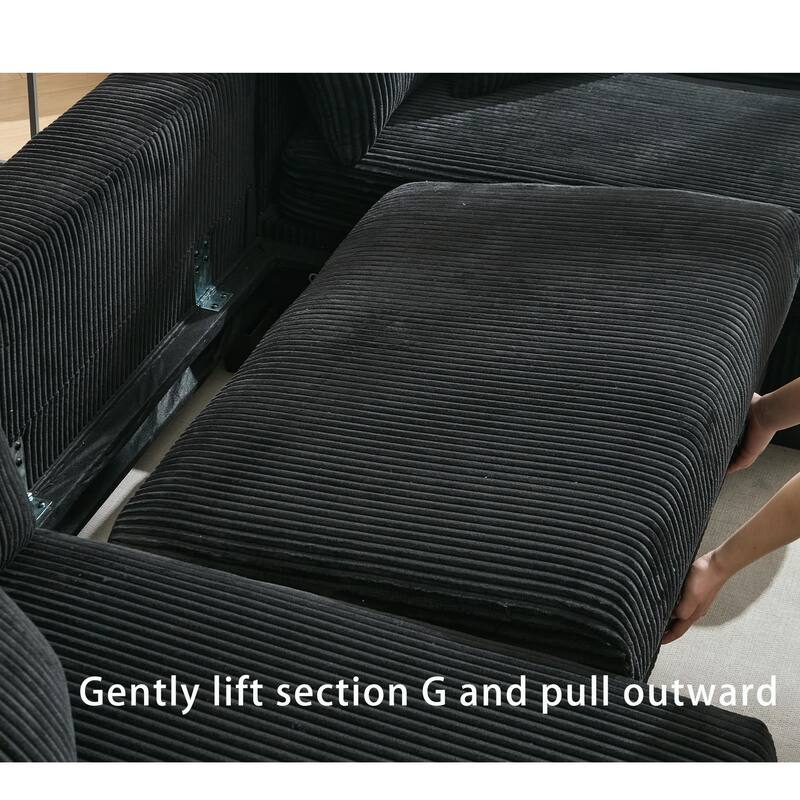 114" Corduroy U-Shaped Sleeper Sofa with Pull-Out Bed, 4 Back Cushions and 2 Throw Pillows