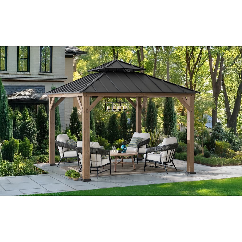 Sunjoy 11 x 11 ft Outdoor Wooden Gazebo Patio Steel Hardtop Gazebo with Ceiling Hook for Patios, Lawn, and Backyard, Brown