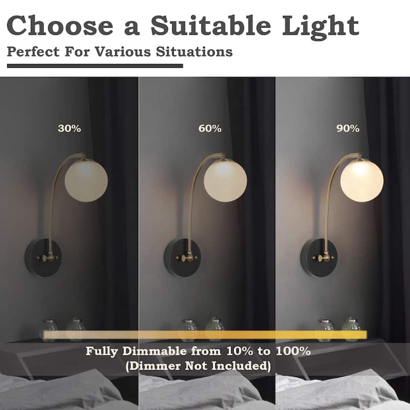 Icey 1-Light Modern Frosted Glass LED Black Gold Wall Sconce Globe Bathroom Vanity Light - 4.7" L x 12" W x 15" H