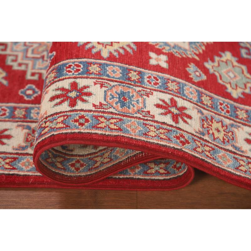 Geometric Red Kazak Runner Rug Hallway Hand-Knotted Wool Carpet - 2'7" x 8'0"