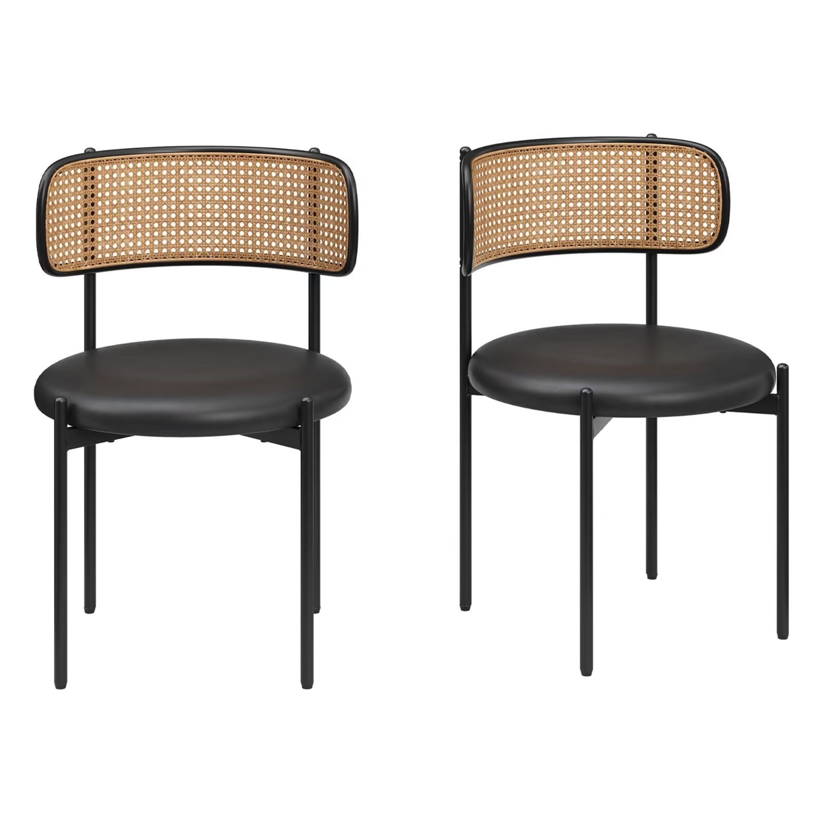 PU Leather Upholstered Seat Dining Chairs with Woven Rattan Back (Set of 2)