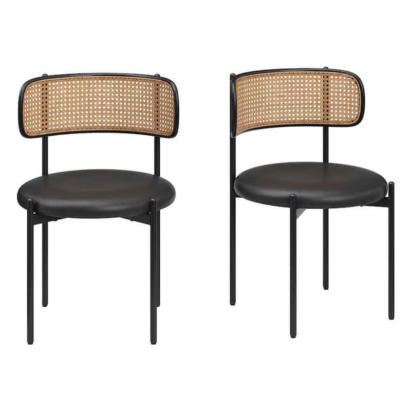 PU Leather Upholstered Seat Dining Chairs with Woven Rattan Back (Set of 2) - Black