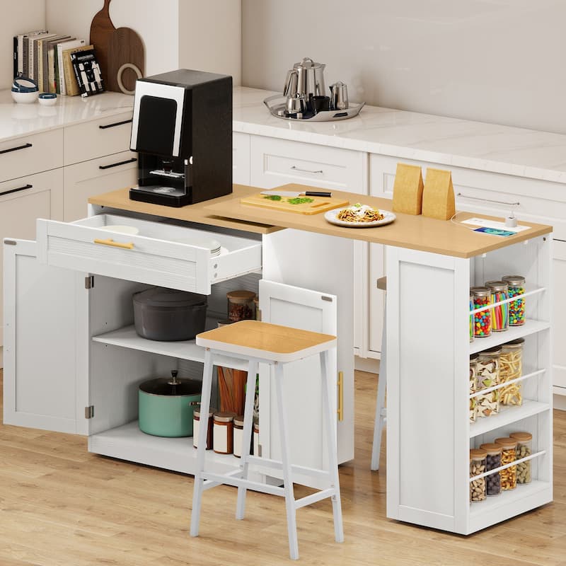 Moasis Kitchen Island with Seating & Extendable Dining Table,Mobile Storage Islands with 2 Chairs
