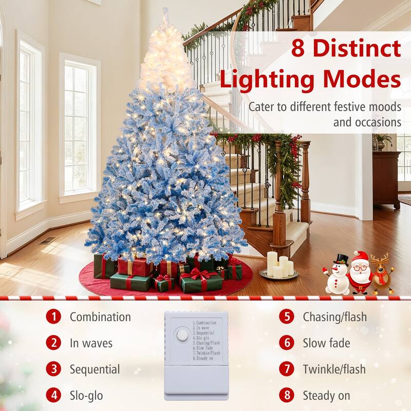 Gymax 5/6/7/8 FT Artificial Christmas Tree Hinged Snow Flocked Xmas - Blue, White
