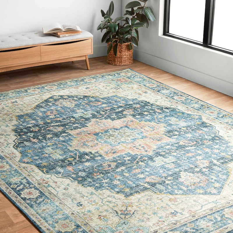 Alexander Home Leanne Printed Shabby Chic Medallion Vintage Area Rug - 9' x 12' - Ocean / Multi - Runner/Rectangle