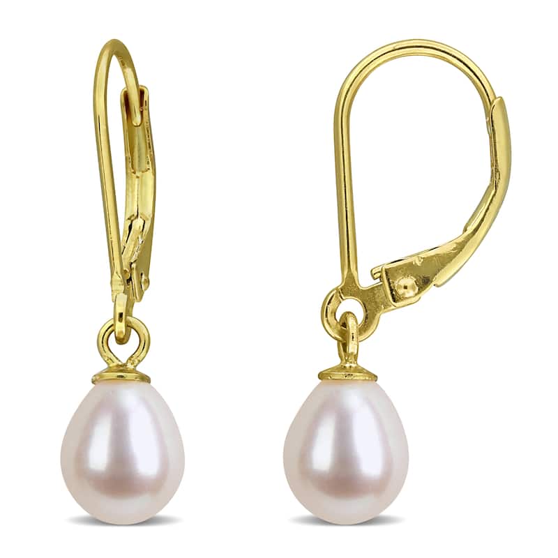 Miadora 6-7mm Cultured Freshwater Drop Pearl Leverback Earrings Yellow Plated Sterling Silver