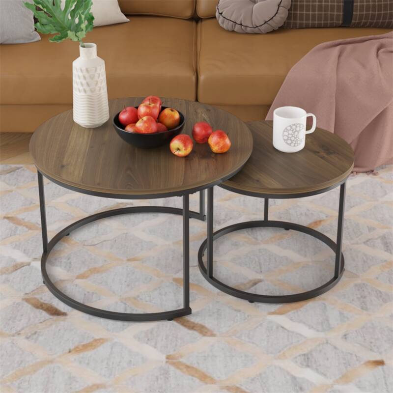 Round Nesting Coffee Table with Sturdy Metal Frame (Set of 2)