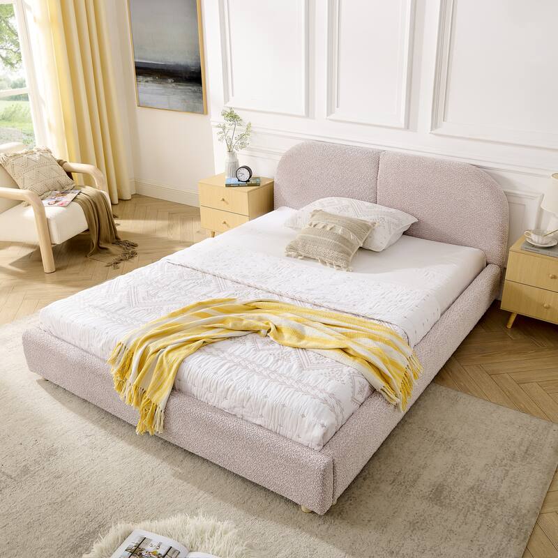 Fabric Upholstered Bed Frame Modern American Platform Bed Frame with Curved Headboard/Sturdy Legs Support/No Box Spring Needed
