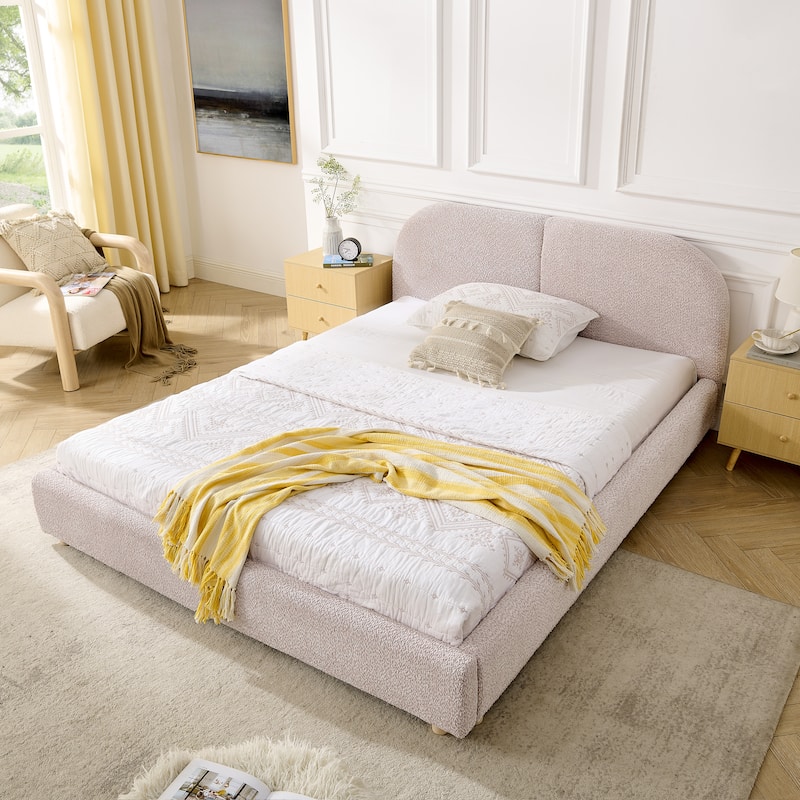 Stylish Curve-shaped Upholstered Platform Bed Frame Modern Minimalist Low Profile Bed with Curved Headboard Optional Storage Bed - Pink - Queen