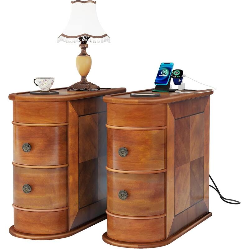 Solid Wood End Table, Two-Drawer Narrow Side Table, Fully Assembled - 2 PCS-2 Drawers - Brown