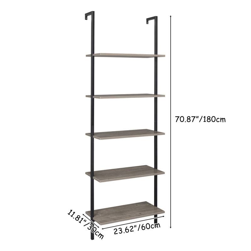 5-Tier Wood Ladder Bookcase with Metal Frame