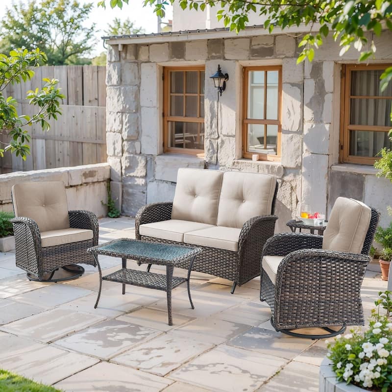Pocassy 5 Pieces Glider Sofa with Swivel Chairs Ottomans - Brown Wicker - Beige cushion
