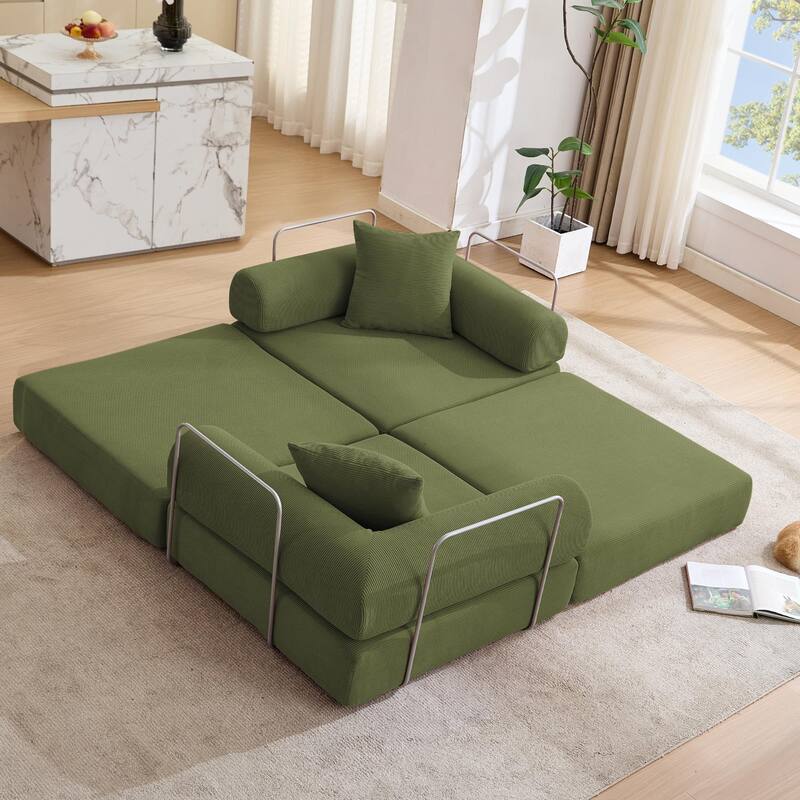 Folding Mattress Lounge Sofa with Corduroy Cushions, Convertible Sofa Bed Sleeper Sofa with Removable Armrests
