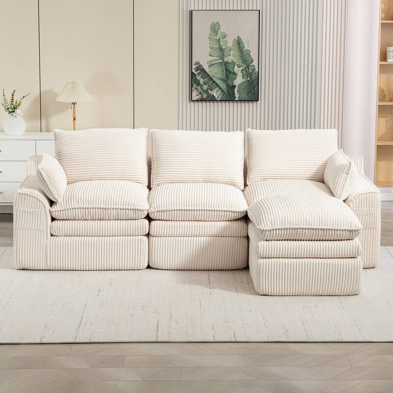 L Shaped Sectional Sofa Corduroy Upholstered Boneless Couches with Movable Footstool, With Three Pillows and Two Lumbar Pillows