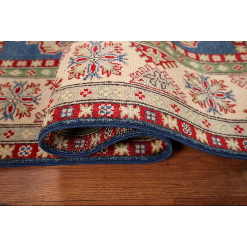 Blue Geometric Kazak Area Rug Hand-Knotted Geometric Wool Carpet - 5'0" x 6'8"