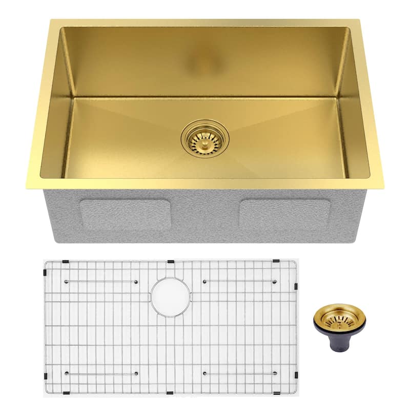 HomeRoots 10" X 27" Gold Stainless Steel Undermount Kitchen Sink - 27.00 in. x 10.00 in. x 18.00 in.
