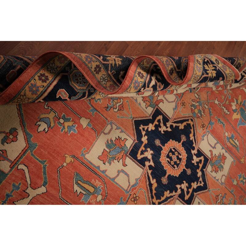 Vegetable Dye Orange Heriz Oriental Area Rug Handmade Wool Carpet - 8'11" x 11'4"