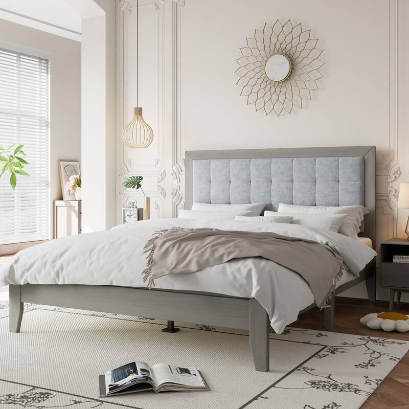 Solid Wood Platform Bed Frame with Square Tufted Headboard