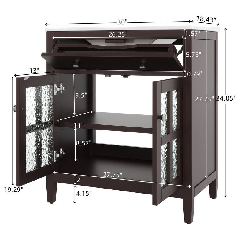 30" Bathroom Vanity with Ceramic Sink, Equipped with Adjustable Shelf and Tip-Out Tray