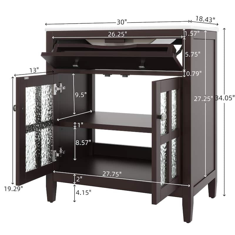30" Modern Bathroom Vanity Set with Ceramic Sink - Adjustable Shelf & Tip-Out Tray, Soft-Close Hinges, Silver Knobs