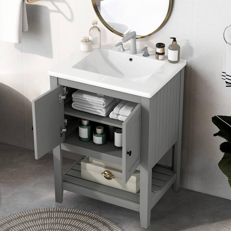 24" Bathroom Vanity Ceramic Sink with Solid Wood Frame Open Style Shelf