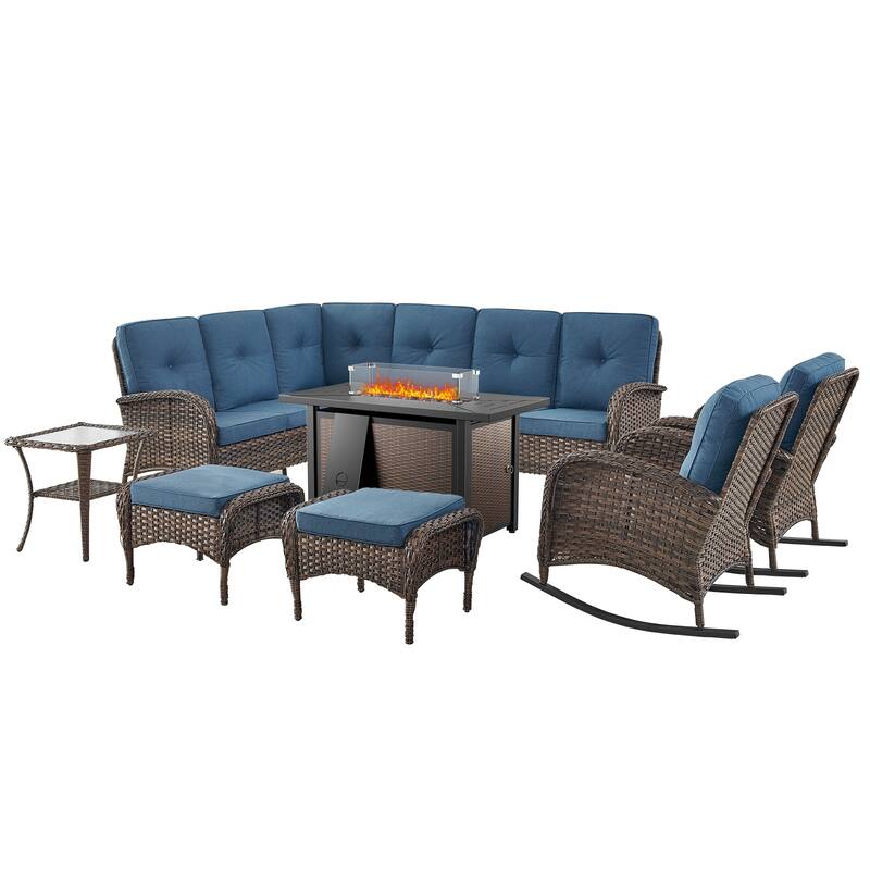 Fire Pit Table with Sectional Sofa Rocker Chairs Ottomans