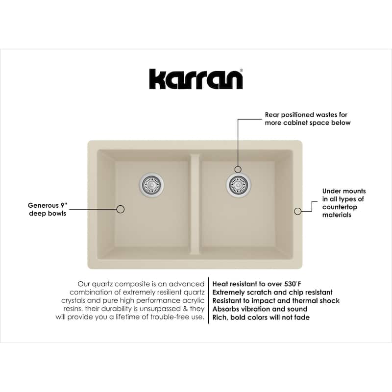 Karran 32" Undermount Double Equal Bowl Quartz Kitchen Sink Kit - 32" x 19.5" x 9"