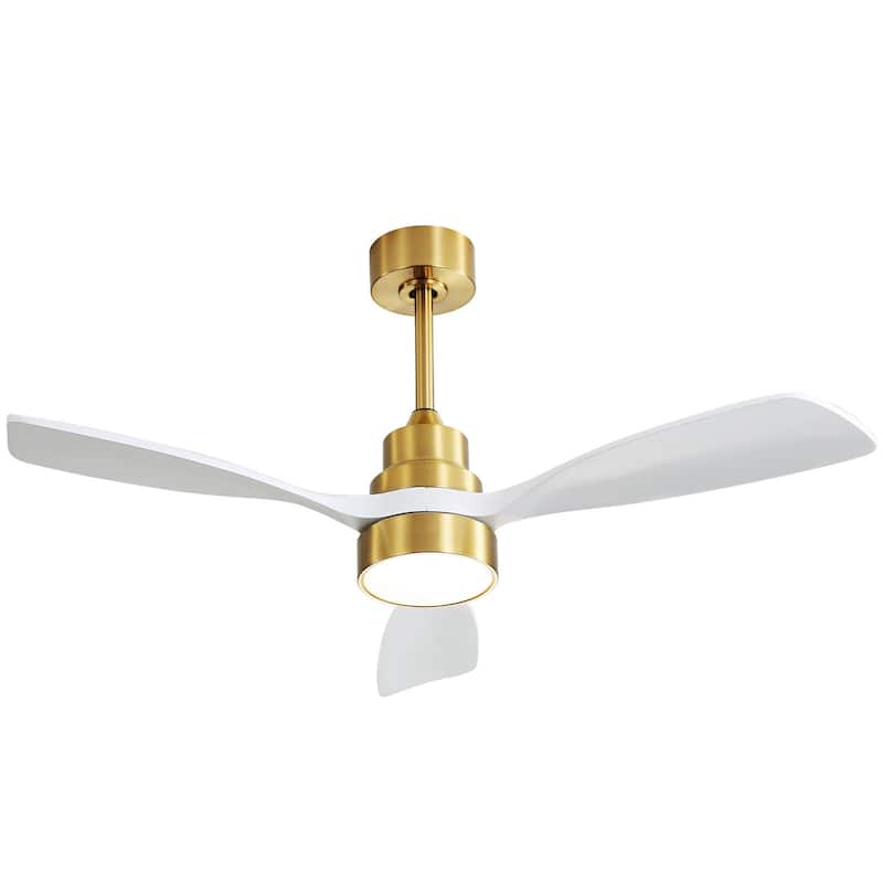 Sofucor 48"/52" Indoor Wood Ceiling Fan Light with Remote, Integrated Light Optional - 48"with Integrated Light - Brass with  White Solid wood Blades
