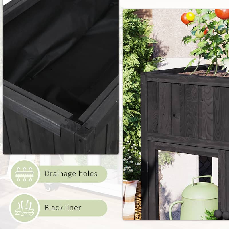 35.4" Wood Garden Greenhouse with Wheels,2 Doors and Liner