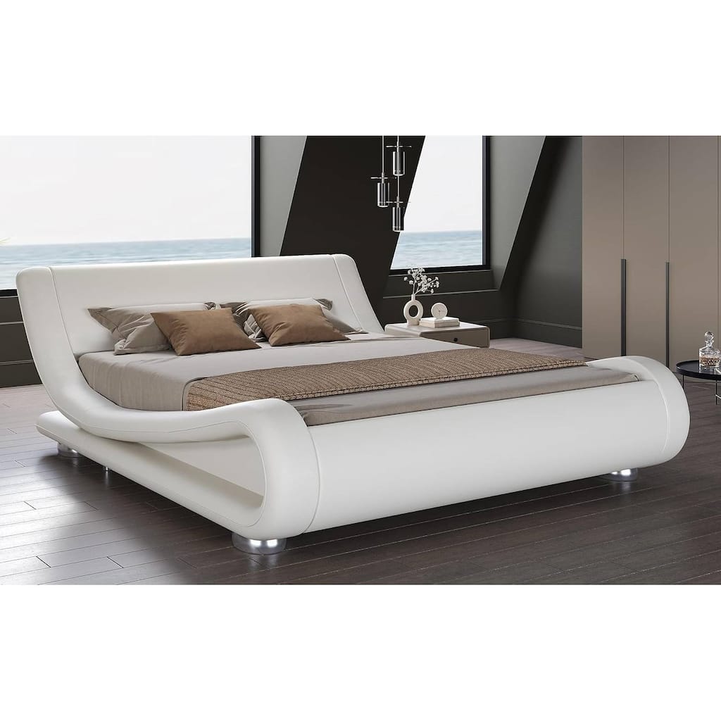 Upholstered White Platform Bed Frame with Curved Headboard and PU Leather