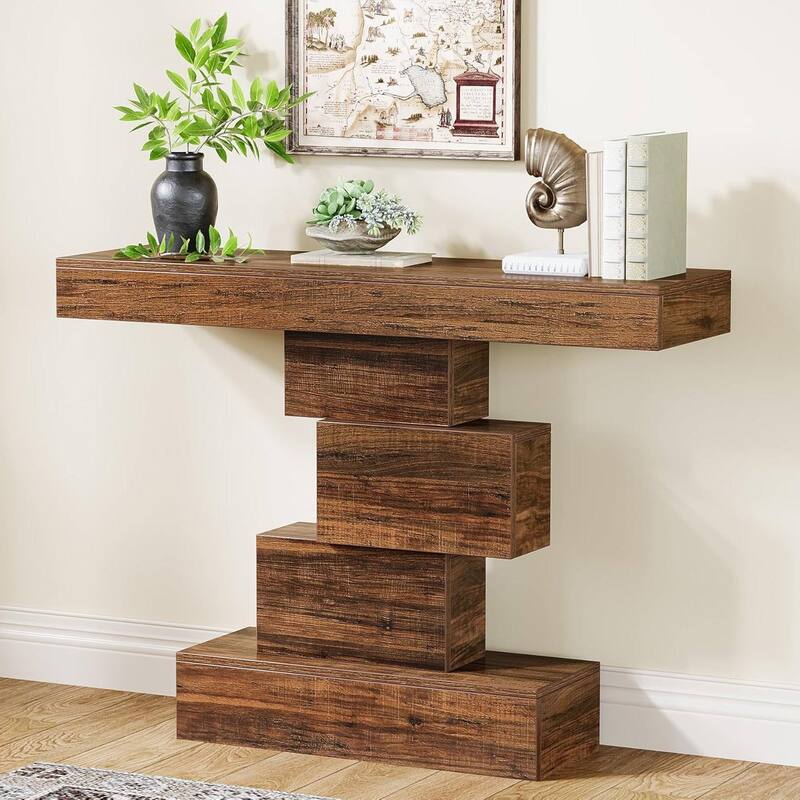 Modern 42-Inch Sofa Table with Rustic Wood Grain Finish and Geometric Base for Hallway or Living Room