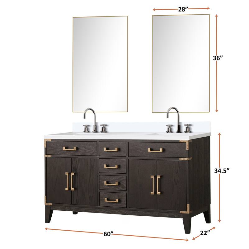 Laurel 60 in W x 22 in D Black Oak Double Bath Vanity, White Quartz Top, Faucet Set, and 28 in Mirrors