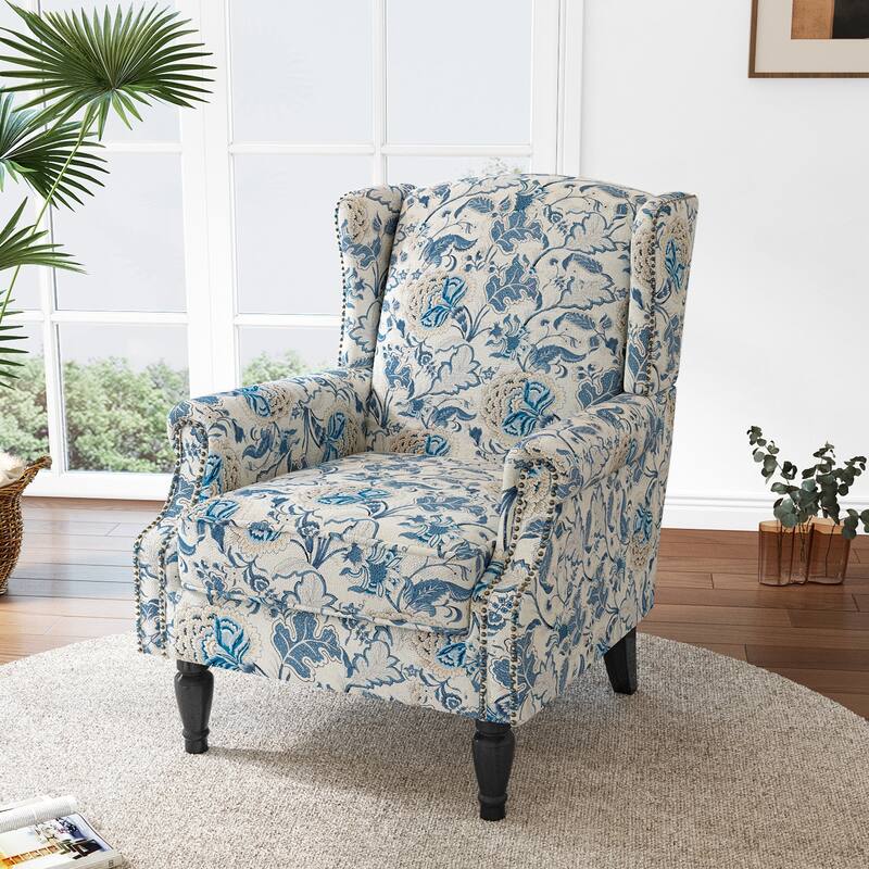 Mid-Century Modern Linen/ Vegan Leather Wing Back Accent Chair