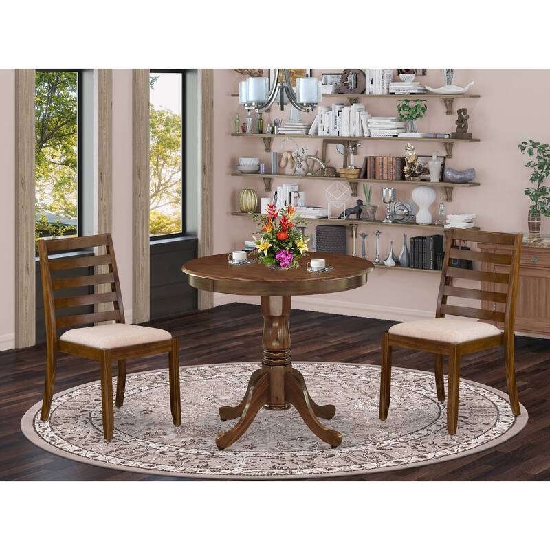 East West Furniture Dining Set Includes a Round Table and Stackable Kitchen Chairs, Antique Walnut (Pieces & Seat Type Options)