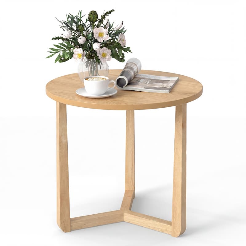 Gymax Round Side Table w/Sturdy Rubber Wood Legs & Triangular - Beige